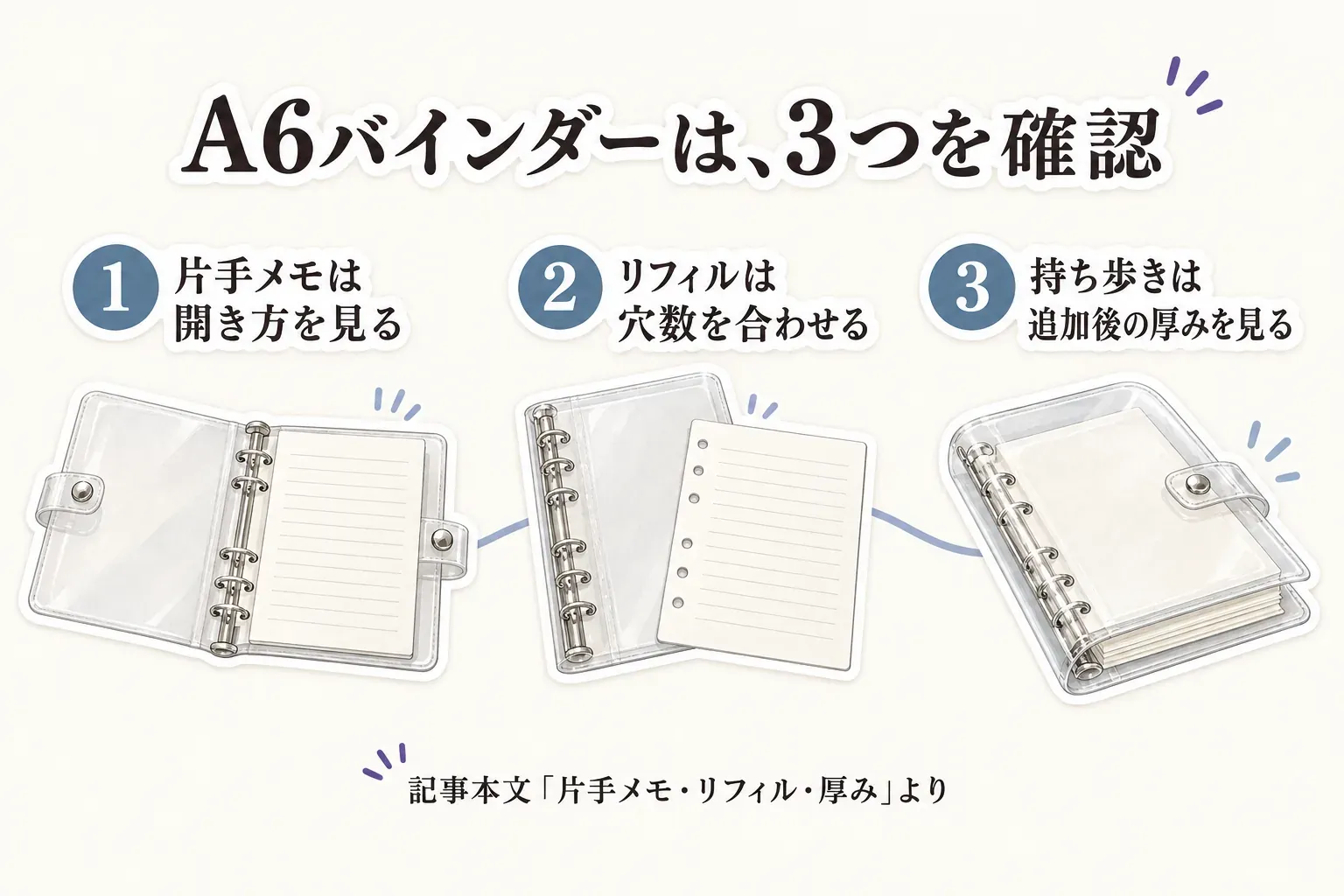 A6バインダーは、片手メモでは開き方、リフィルでは穴数、持ち歩きでは追加後の厚みを確認する3つのポイントを示す図。記事本文「片手メモ・リフィル・厚み」より