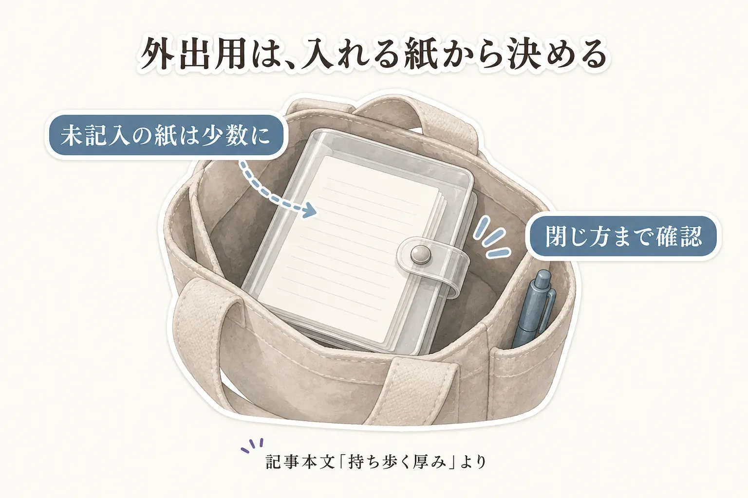 バッグに入れたA6バインダーについて、未記入の紙を少数にし、追加後の厚みとボタンなどの閉じ方を確認する図。記事本文「持ち歩く厚み」より