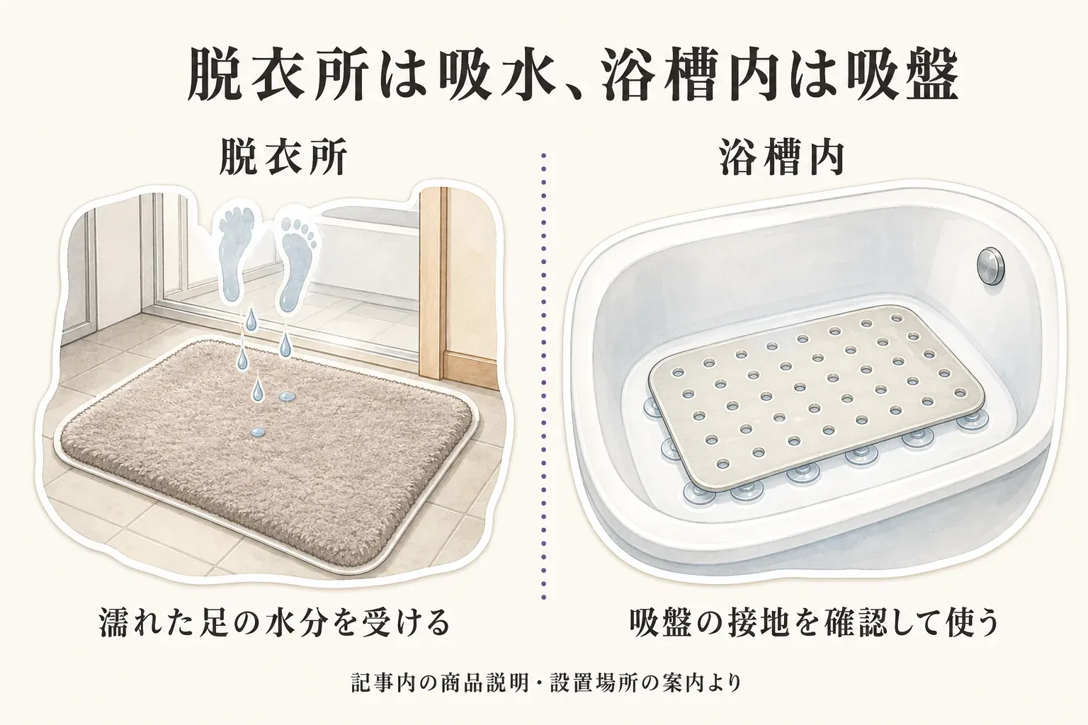 脱衣所では濡れた足の水分を吸水バスマットで受け、浴槽内では吸盤付きマットの接地を確認して使う場面を並べた図。記事内の商品説明・設置場所の案内より
