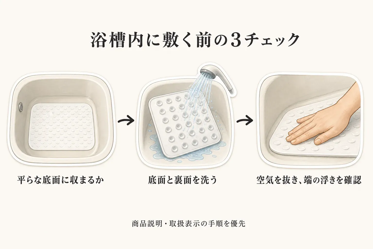 浴槽内に滑り止めマットを敷く前の3チェックを示す図。平らな底面に収まるかを確認し、浴槽底面とマット裏面を洗い、空気を抜いて端の浮きがないかを確かめる。商品説明・取扱表示の手順を優先
