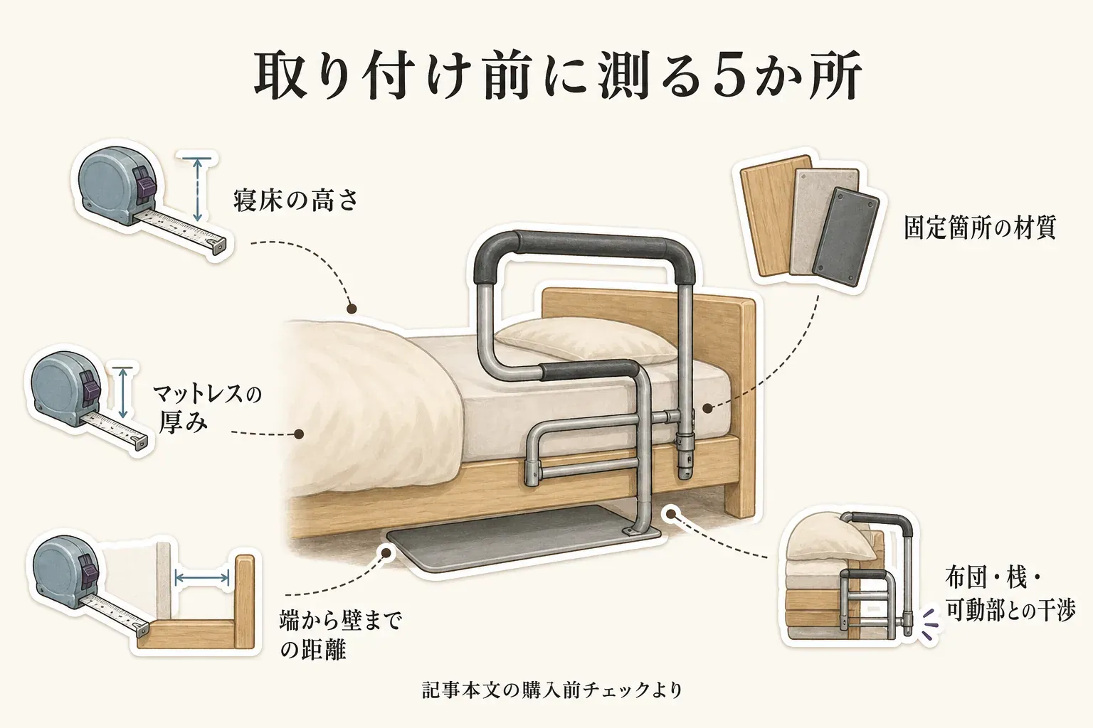 ベッド用手すりの取り付け前に測る場所を示す図。床から寝床までの高さ、マットレスの厚み、手すりを付ける側の端から壁までの距離、差し込み部とベッドの桟・可動部の干渉を確認する。