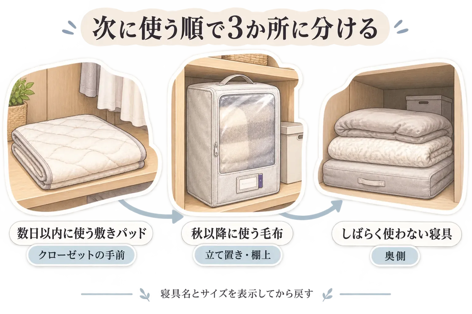 数日以内に使うあったか敷きパッドはクローゼットの手前、秋以降に使う毛布は立て置きまたは棚上、しばらく使わない寝具は奥側に分ける、使う順に応じた3つの収納場所の図。記事本文の収納方針より