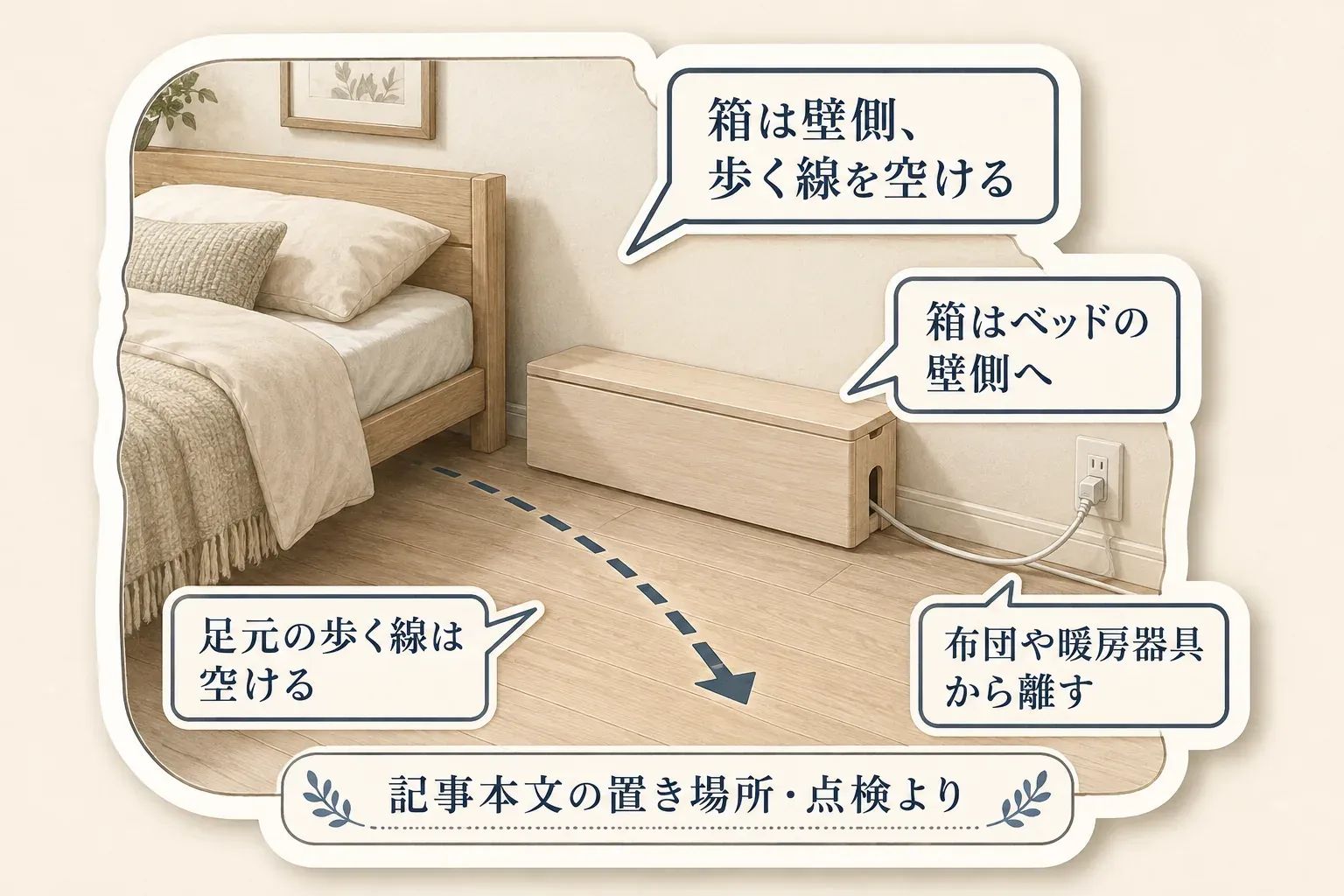 ベッド脇ではコード収納ボックスを壁側または家具の横に置き、ベッドから降りる歩行線と暖房器具の周囲を空ける配置図。消防庁のコード踏みつけ・束ね使用・プラグ周辺のほこりへの注意を踏まえた案内