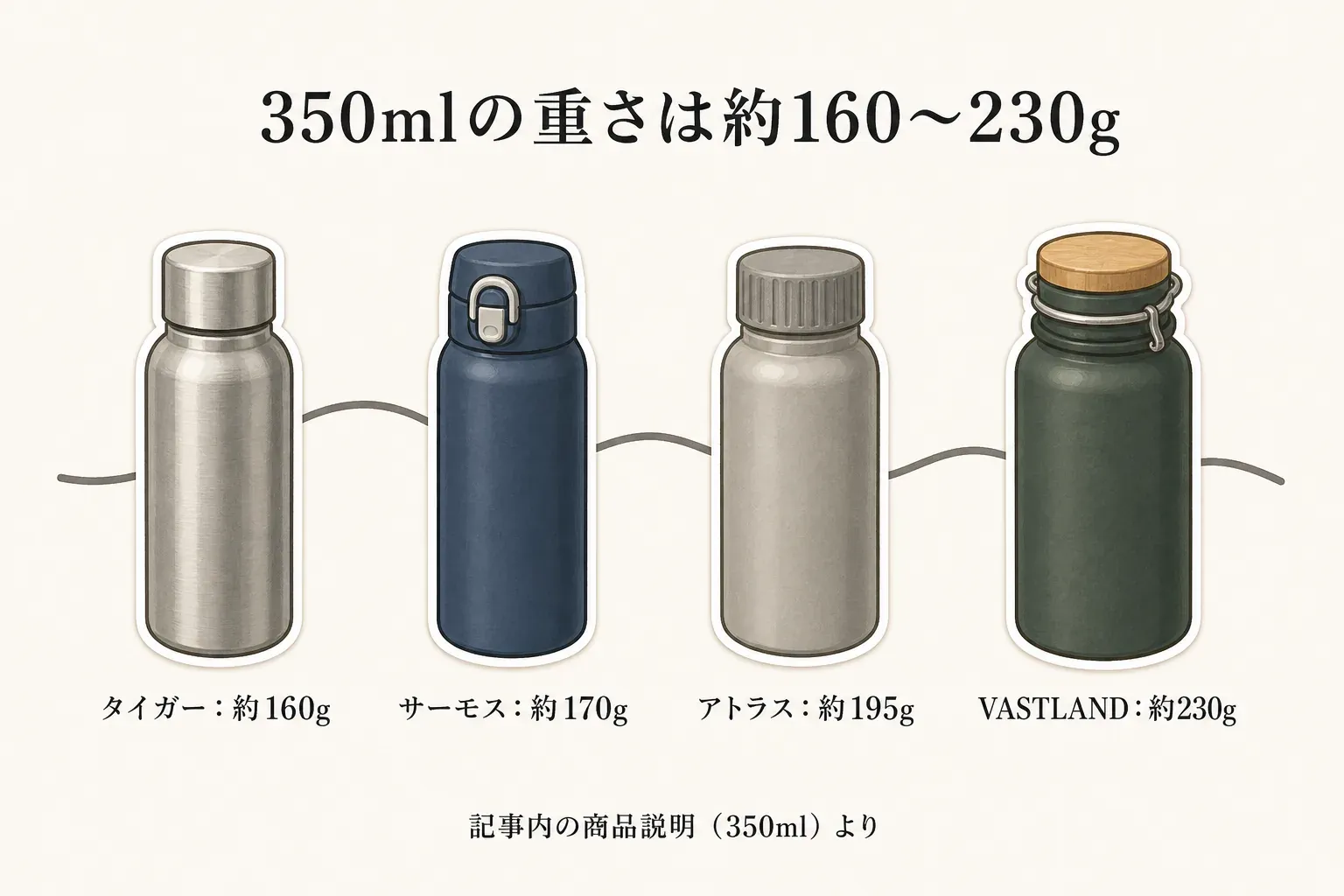 350mlの水筒4商品のおおよその重量を比較する図。タイガー約160g、サーモス約170g、アトラス約195g、VASTLAND約230g。記事内の商品説明の350ml仕様より