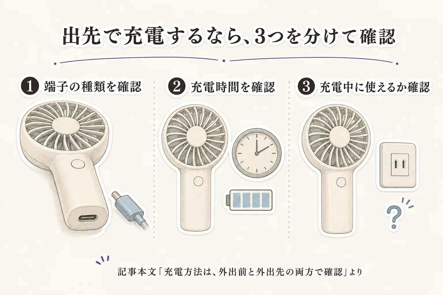 首掛け扇風機を出先で充電する際に、USB Type-Cなど端子の種類、充電時間、充電中に使えるかの3点を、扇風機・ケーブル・時計・バッテリー・コンセントのイラストで確認する図。記事本文「充電方法は、外出前と外出先の両方で確認」より