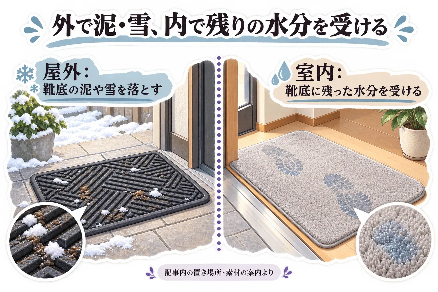 雪や泥の付いた靴底を屋外の凹凸ラバーマットで落とし、室内の吸水マットで残った水分を受ける玄関の役割分担図。記事内の置き場所・素材の案内より