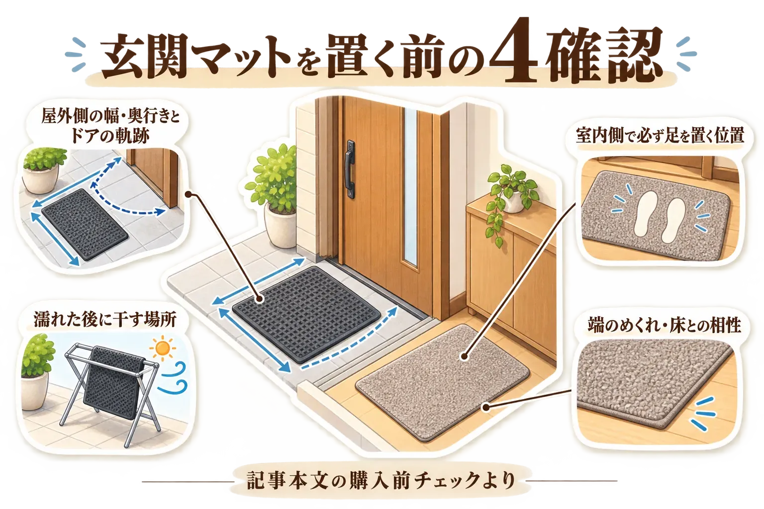 屋外マットでは幅・奥行きとドアの開閉軌跡、室内用吸水マットでは必ず足を置く位置と端のめくれ・床との相性、濡れた後の干し場所を確認する図。記事本文の購入前チェックより