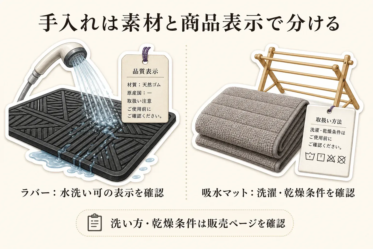 ラバー製マットは水洗い可の表示を確認し、吸水マットは洗濯・乾燥条件を確認する素材別の手入れ図。洗い方・乾燥条件は販売ページで確認する案内を示す