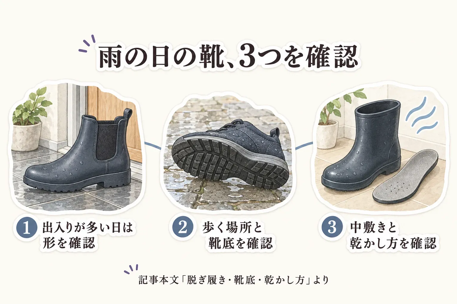 雨の日の靴は、出入りが多い日は形を確認し、歩く場所では靴底を確認し、濡れた後は中敷きと乾かし方を確認する3つのポイントを示す図。記事本文「脱ぎ履き・靴底・乾かし方」より