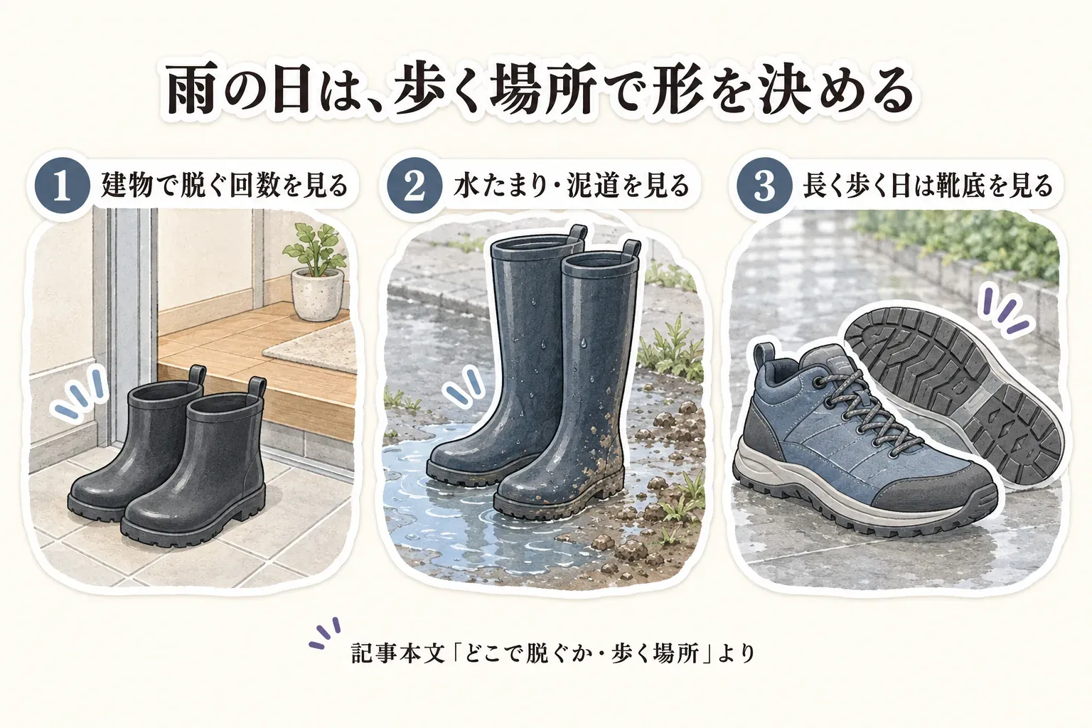 雨の日は、建物で靴を脱ぐ回数、水たまりや泥道の有無、長く歩く日に靴底を確認することから靴の形を決める図。記事本文「どこで脱ぐか・歩く場所」より