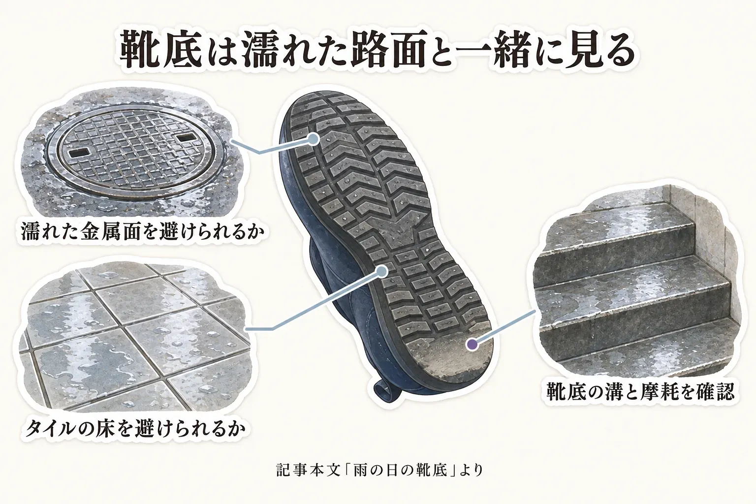 濡れたマンホールなどの金属面、タイルの床、濡れた階段と靴底を並べ、濡れた路面を避けられるか、靴底の溝と摩耗を確認する図。記事本文「雨の日の靴底」より