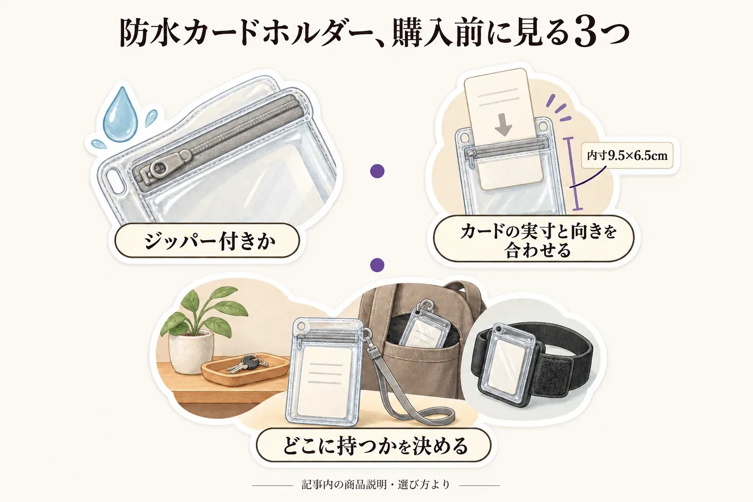 防水カードホルダーを購入する前に、ジッパー付きか、内寸9.5×6.5cmにカードの実寸と向きが合うか、家・バッグ・腕のどこに持つかを確認する図。記事内の商品説明・選び方より