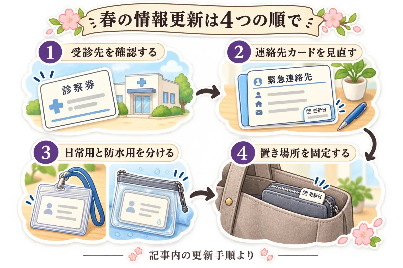 春の情報更新を、受診先を確認する、緊急連絡先カードを見直す、日常用と防水用を分ける、更新日が見える場所へ置き場所を固定する、の4手順で示す図。記事内の更新手順より