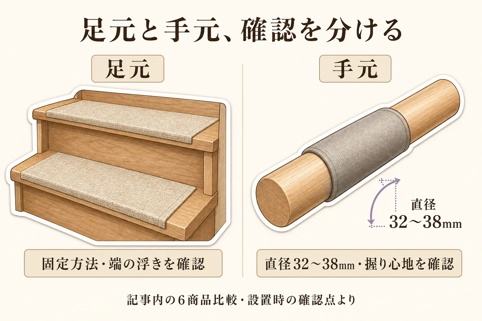 階段マットを敷いた足元では固定方法と端の浮きを、手すりカバーを付けた手元では対応直径32〜38mmと握り心地を確認する図。記事内の6商品比較・設置時の確認点より