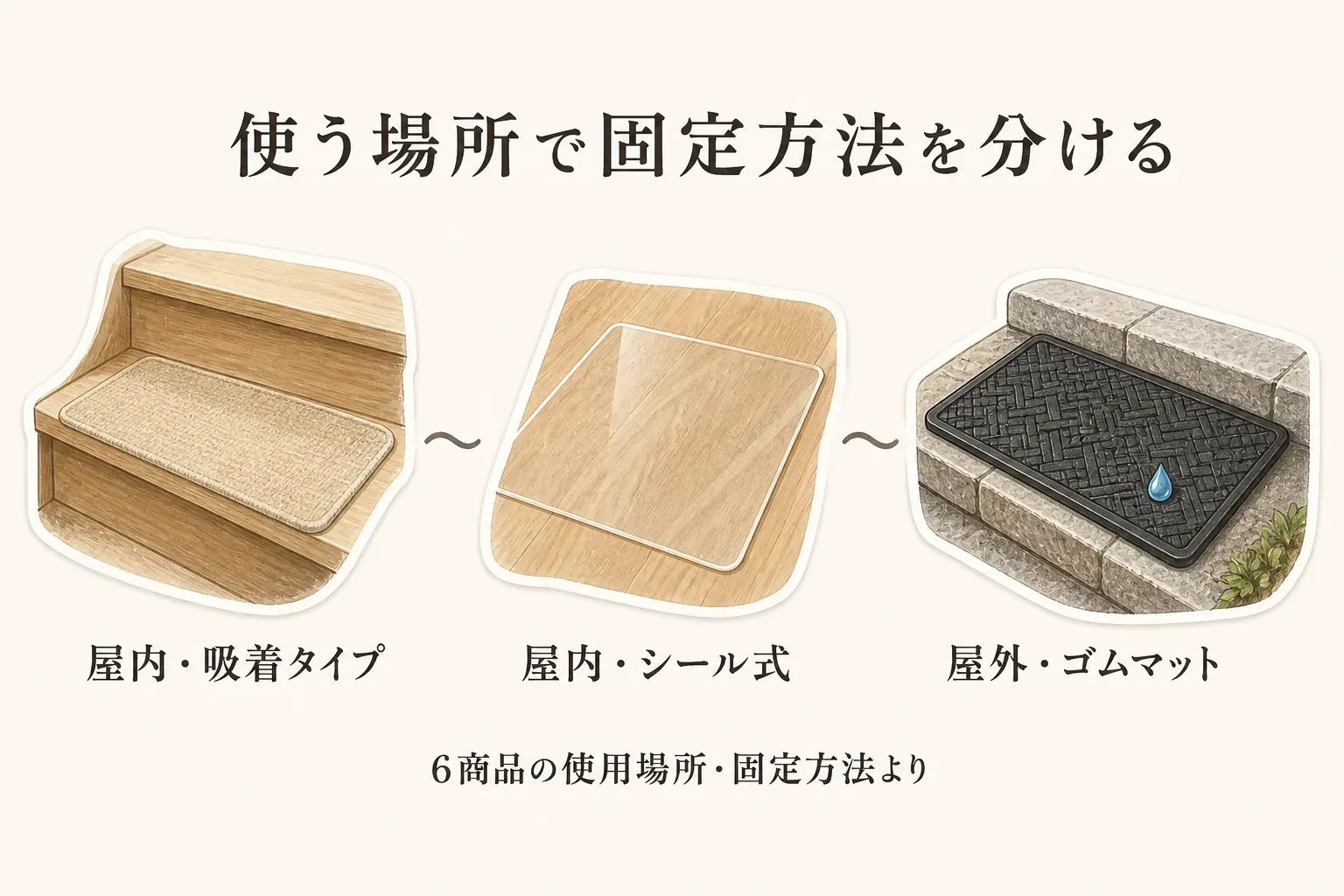 屋内階段には吸着タイプ、木目を残したい屋内階段にはシール式、濡れる外階段にはゴムマットという、使う場所による固定方法の選び分けを示す図。記事内6商品の使用場所・固定方法より