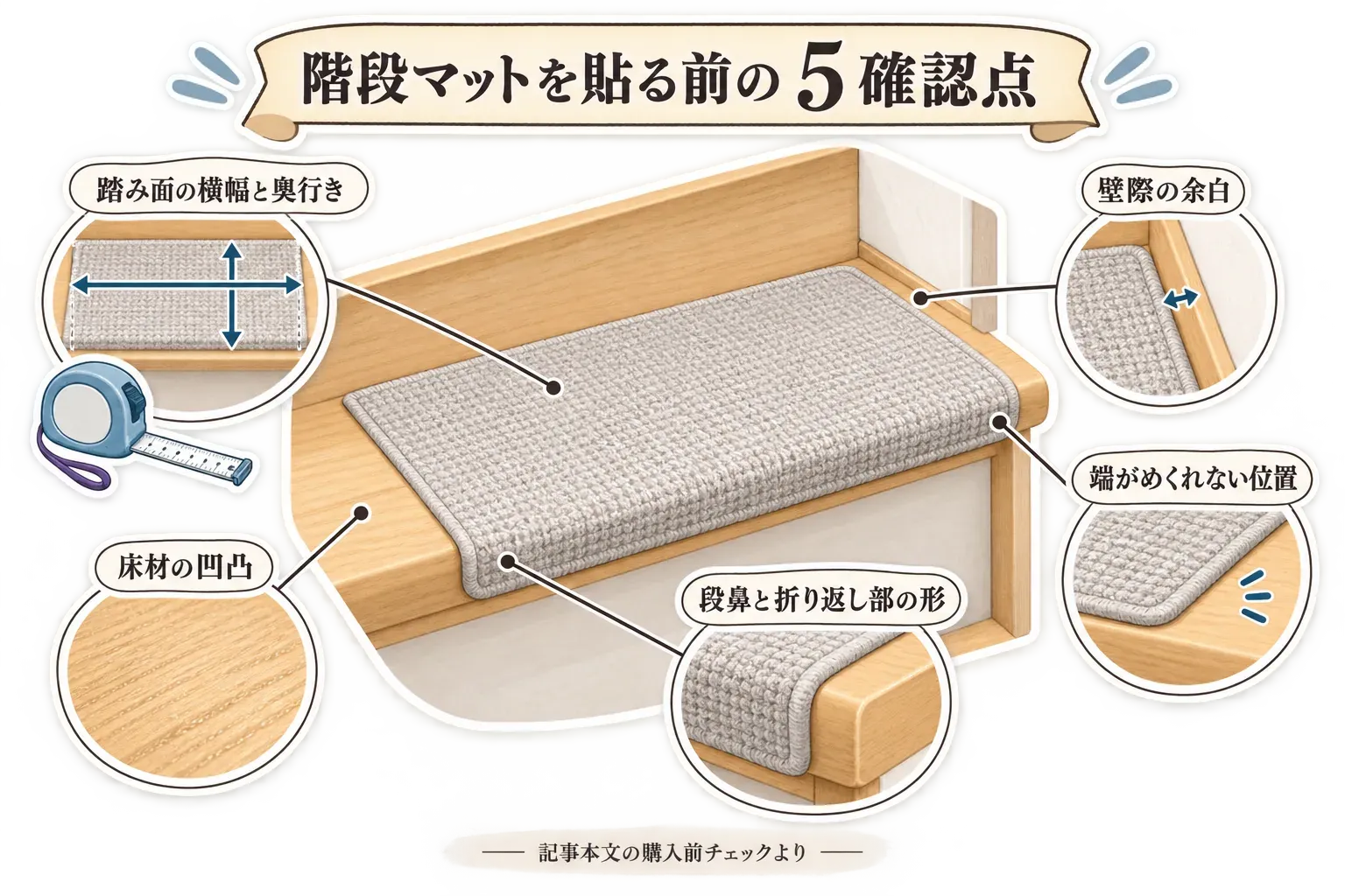 階段マットを貼る前に、踏み面の横幅と奥行き、床材の凹凸、段鼻と折り返し部の形、壁際の余白、端がめくれない位置の5点を測って確認する図。記事本文の購入前チェックより