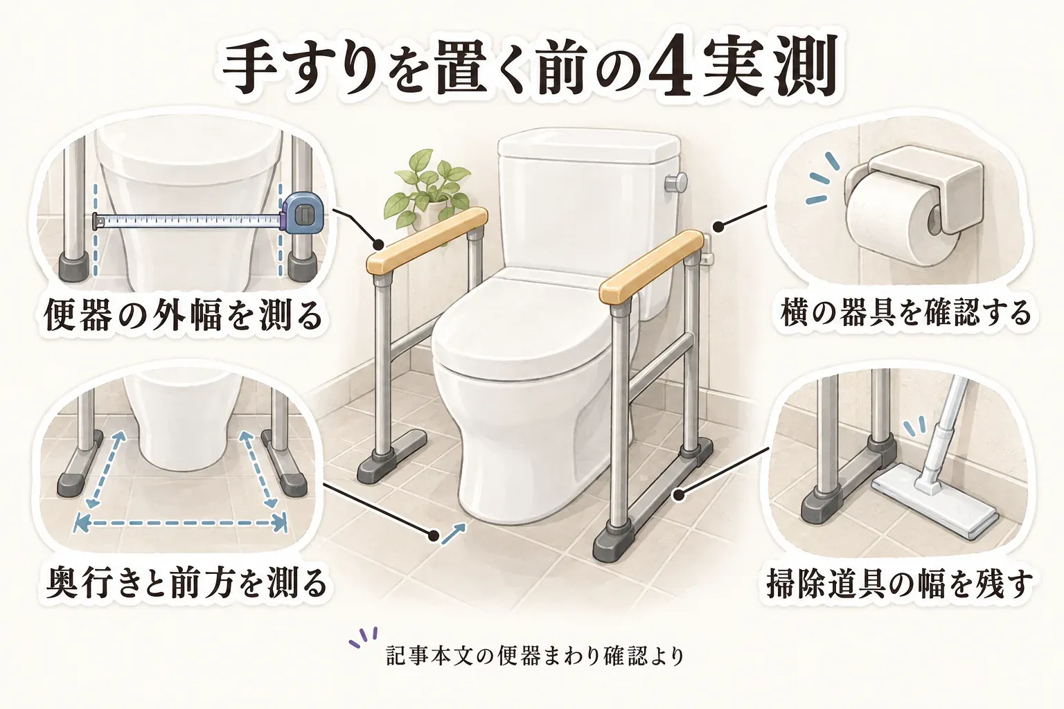 手すりを置く前に、便器の外幅、奥行きと前方の空間、横の紙巻器などの器具、掃除道具を入れる幅を実測する図。記事本文の便器まわり確認より