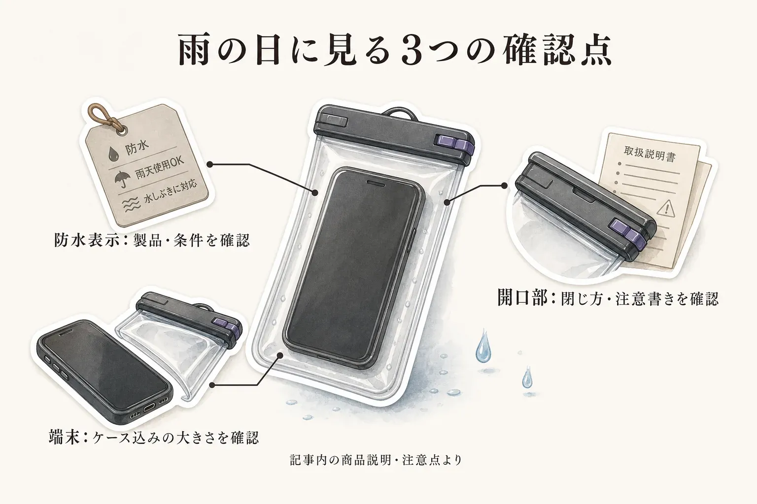 雨の日に確認する3点を示す図。防水表示は製品と条件を確認し、端末はケース込みの大きさを確認し、開口部は閉じ方と注意書きを確認する。記事内の商品説明・注意点より