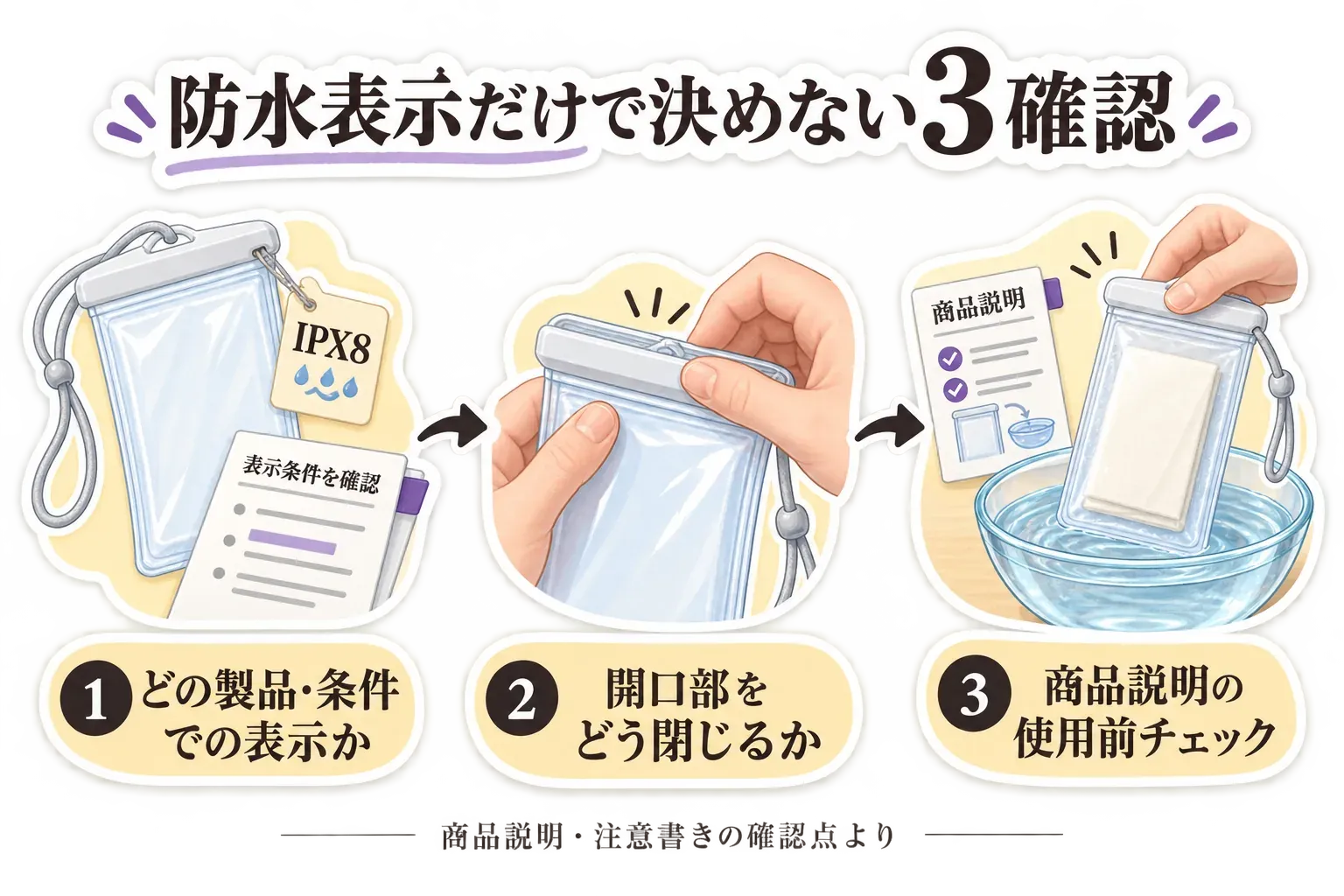 防水表示だけで決めないための3確認を示す図。どの製品・条件での表示か、開口部をどう閉じるか、商品説明の使用前チェックを確認する。記事内の商品説明・注意書きより